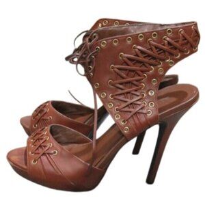 Aldo Allender Brown Lace Up Caged Leather Cutout Accent Slingback Heels 37 or 7